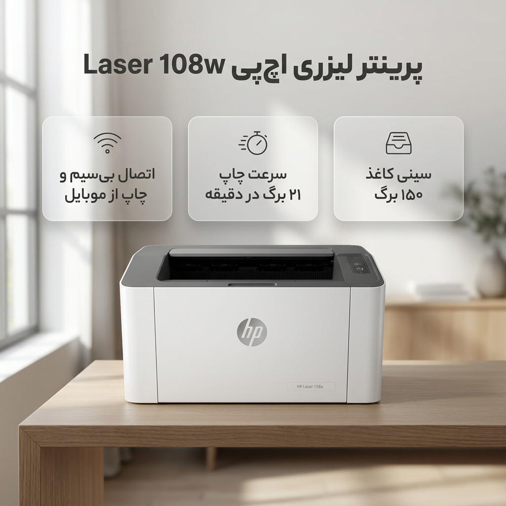 پرینتر لیزری تککاره اچپی مدل Laser 108w با اتصال وایفای و USB، سازگار با اپ اختصاصی موبایل و چراغ نشانگر پرینتر لیزری تککاره اچپی مدل Laser 108w با اتصال وایفای و USB، سازگار با اپ اختصاصی موبایل و چراغ نشانگر