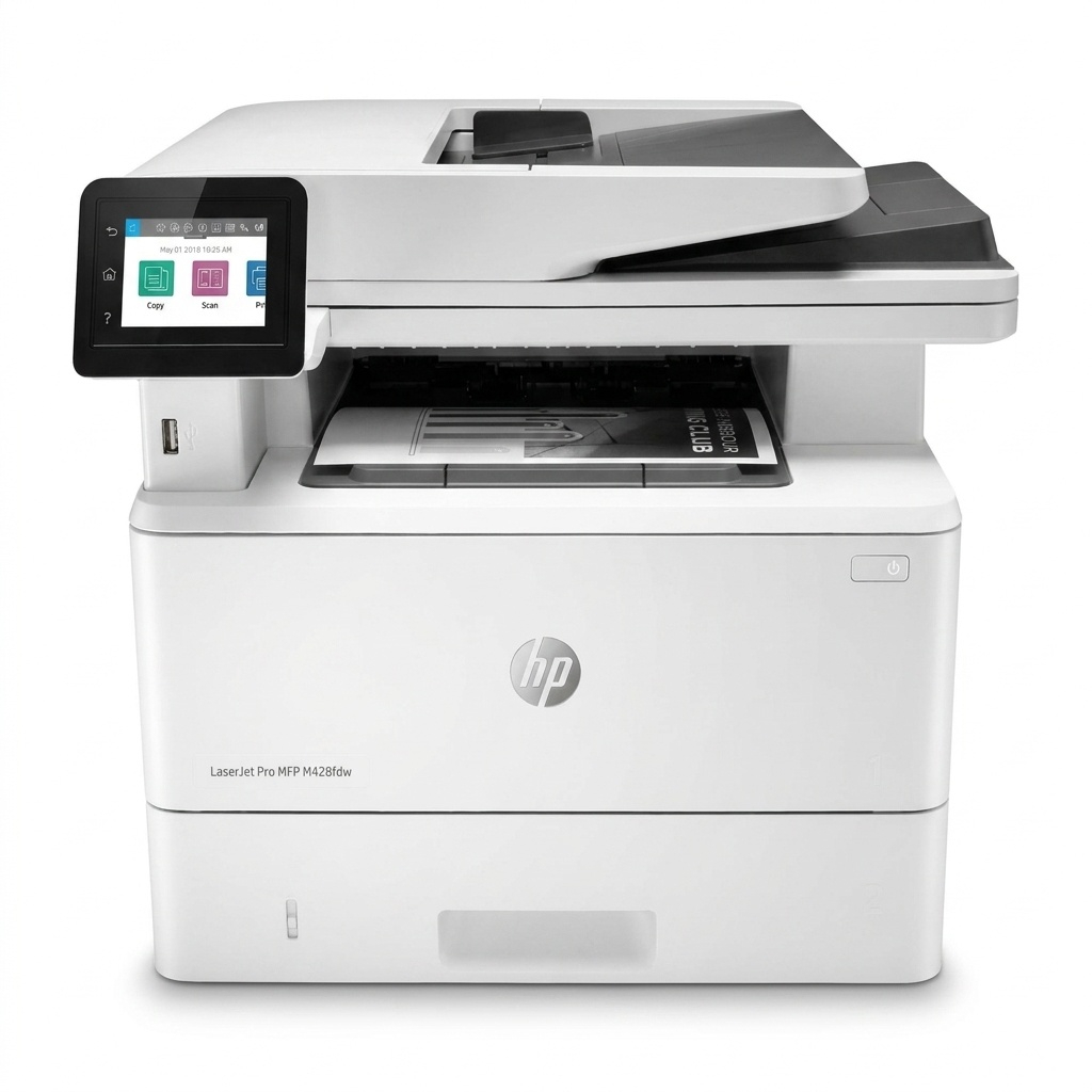 پرینتر اچ پی تک رنگ چهار کاره با چاپ لیزری مدل LaserJet Pro MFP M428fdw، سایز چاپ A4، قابلیت چاپ دو رو، مجهز به پورت شبکه و WiFi، قابلیت چاپ فایل‌های فلش مموری از طریق USB، دارای صفحه نمایش LCD