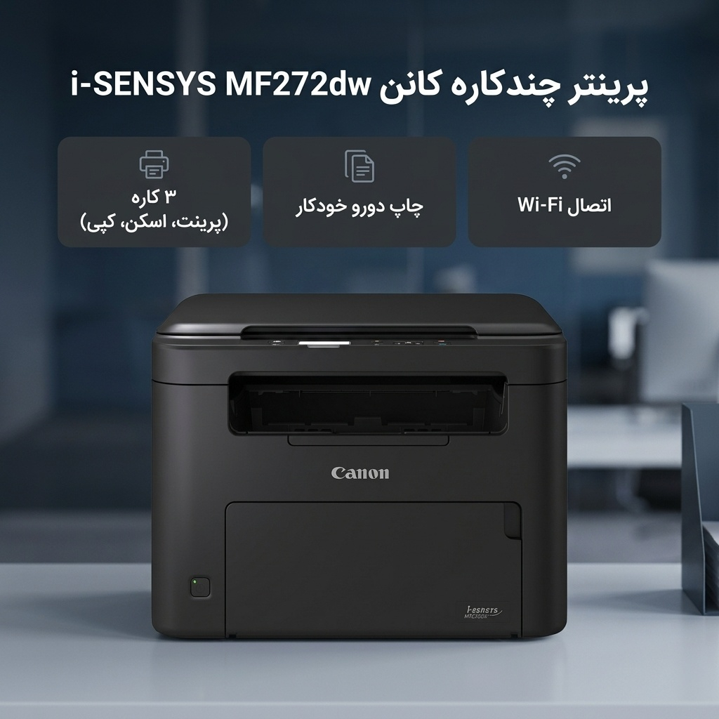 پرینتر کانن تک رنگ سه کاره با چاپ لیزری مدل i-SENSYS MF272dw، سایز چاپ A4، قابلیت چاپ دو روی خودکار پرینتر کانن تک رنگ سه کاره با چاپ لیزری مدل i-SENSYS MF272dw، سایز چاپ A4، قابلیت چاپ دو روی خودکار